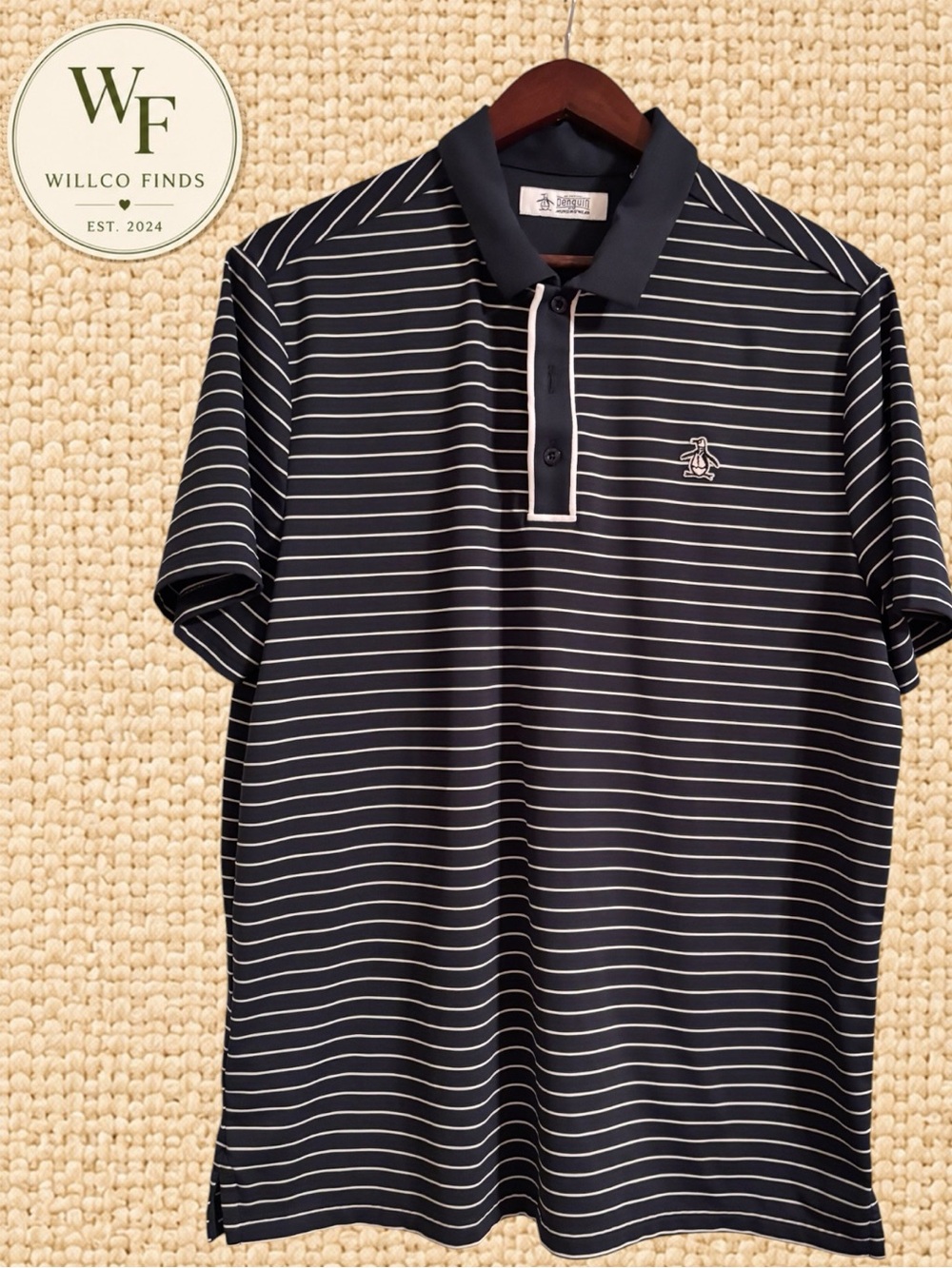 Original Penguin Men’s L Navy White Stripe Polo Shirt Munsingwear Short Sleeve